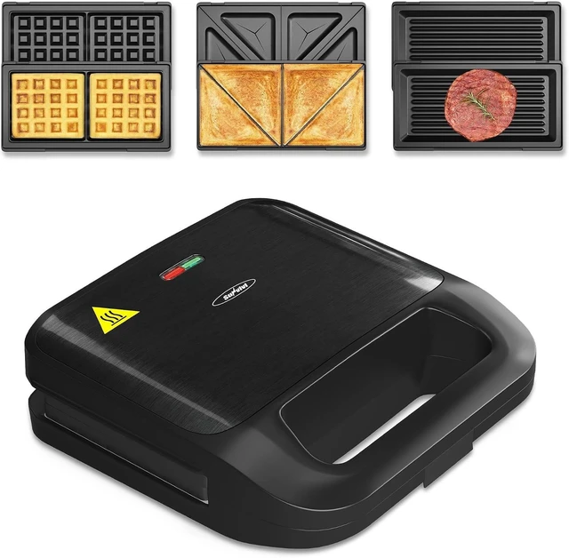 Main image of 3 in 1 Electric Sandwich Maker with Removable Nonstick Plates - 750W, Black for Belgian Waffle/Panini/Grill/Pancake Griddle/Breakfast, Dishwasher Safe, Cool Touch Handle, Easy to Clean & Store