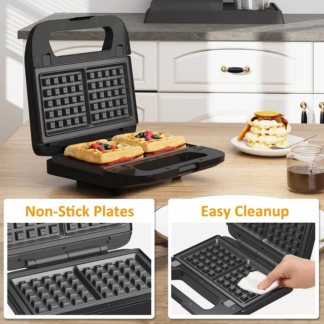 Alt view image 5 of 7 - 3 in 1 Electric Sandwich Maker with Removable Nonstick Plates - 750W, Black for Belgian Waffle/Panini/Grill/Pancake Griddle/Breakfast, Dishwasher Safe, Cool Touch Handle, Easy to Clean & Store