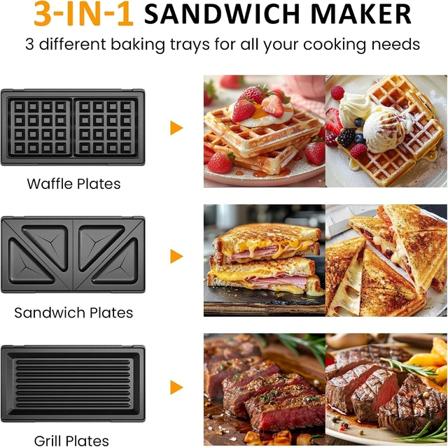 Alt view image 7 of 7 - 3 in 1 Electric Sandwich Maker with Removable Nonstick Plates - 750W, Black for Belgian Waffle/Panini/Grill/Pancake Griddle/Breakfast, Dishwasher Safe, Cool Touch Handle, Easy to Clean & Store