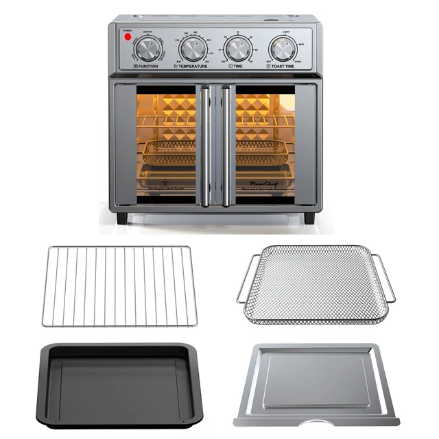 Alt view image 3 of 6 - PlumChef 26QT Extra-Large French Double-Door Air Fryer Convection Toaster Oven, 1700W, 7 Preset Menus, 7-in-1 Multi-Function for Bake, Roast, Grilling,Toast,Dehydrate& Defrost, Stainless Steel,silvery