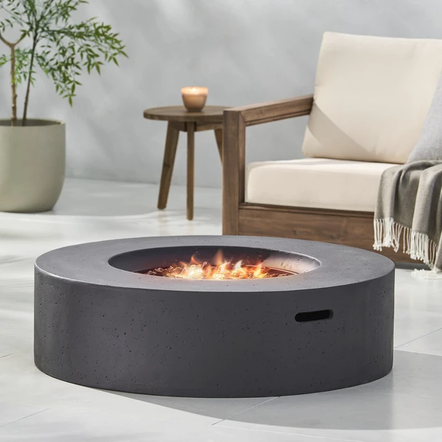 Main image of Lightweight Concrete Outdoor Circular Fire Pit, Dark Gray 50,000 BTU (Tank Cover not Included)
