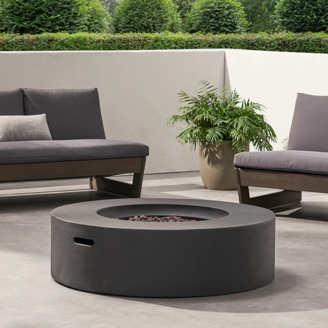 Alt view image 7 of 7 - Lightweight Concrete Outdoor Circular Fire Pit, Dark Gray 50,000 BTU (Tank Cover not Included)