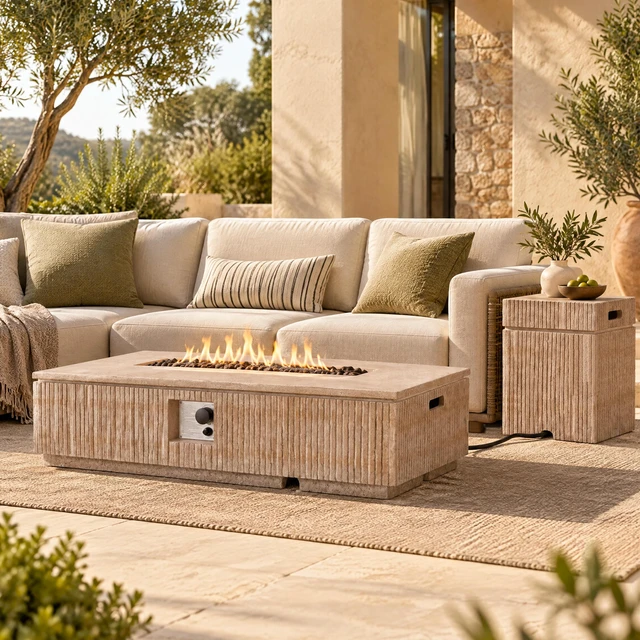 Main image of Outdoor 48.2" Rectangular MgO Fire Pit Natural Travertine - 50,000 BTU