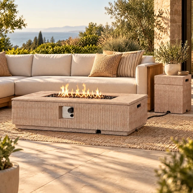 Alt view image 3 of 6 - Outdoor 48.2" Rectangular MgO Fire Pit Natural Travertine - 50,000 BTU