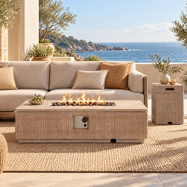 Alt view image 2 of 6 - Outdoor 48.2" Rectangular MgO Fire Pit Natural Travertine - 50,000 BTU
