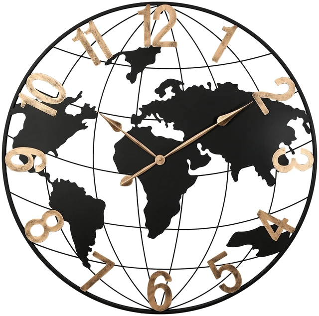Main image of 36 Inch Large Black Metal Wall Clock, Modern Silent World Map Wall Clock with Vintage Gold Arabic Numeral, Decorative for Living Room, Entryway, Dinning Room, Bedroom