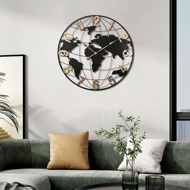 Alt view image 2 of 7 - 36 Inch Large Black Metal Wall Clock, Modern Silent World Map Wall Clock with Vintage Gold Arabic Numeral, Decorative for Living Room, Entryway, Dinning Room, Bedroom