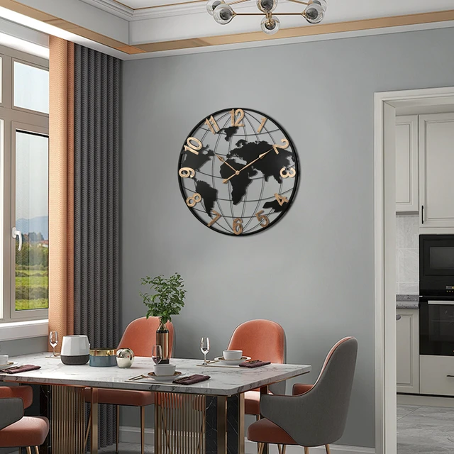 Alt view image 3 of 7 - 36 Inch Large Black Metal Wall Clock, Modern Silent World Map Wall Clock with Vintage Gold Arabic Numeral, Decorative for Living Room, Entryway, Dinning Room, Bedroom