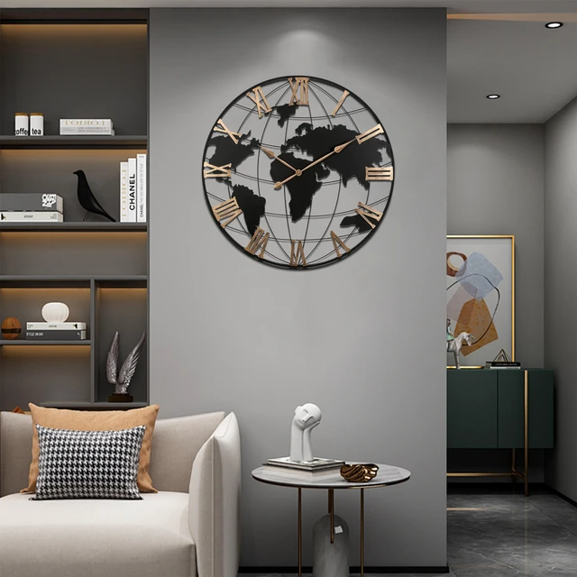 Alt view image 2 of 7 - 36 Inch Extra Giant Large Black Metal Wall Clock, Modern Silent World Map Wall Clock with Vintage Gold Roman Numeral, Decorative for Living Room, Entryway, Dinning Room, Bedroom