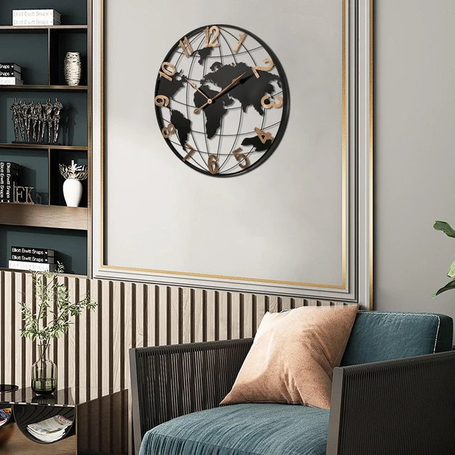 Alt view image 4 of 7 - 36 Inch Large Black Metal Wall Clock, Modern Silent World Map Wall Clock with Vintage Gold Arabic Numeral, Decorative for Living Room, Entryway, Dinning Room, Bedroom