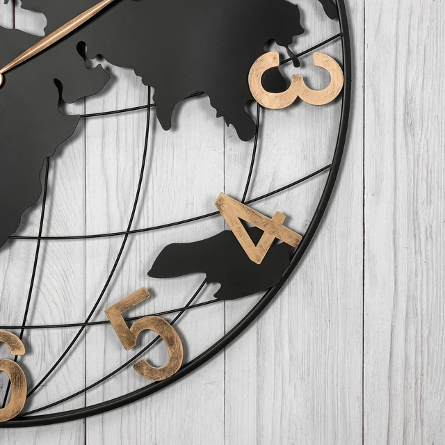 Alt view image 5 of 7 - 36 Inch Large Black Metal Wall Clock, Modern Silent World Map Wall Clock with Vintage Gold Arabic Numeral, Decorative for Living Room, Entryway, Dinning Room, Bedroom