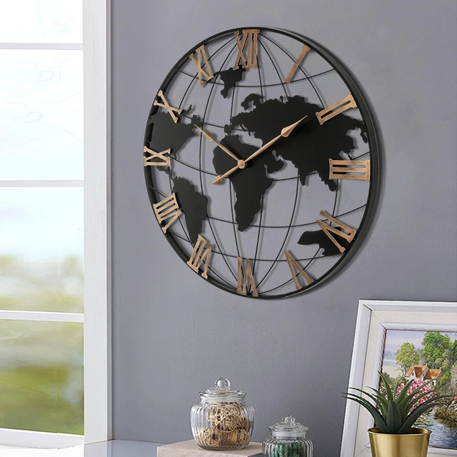 Alt view image 3 of 7 - 36 Inch Extra Giant Large Black Metal Wall Clock, Modern Silent World Map Wall Clock with Vintage Gold Roman Numeral, Decorative for Living Room, Entryway, Dinning Room, Bedroom
