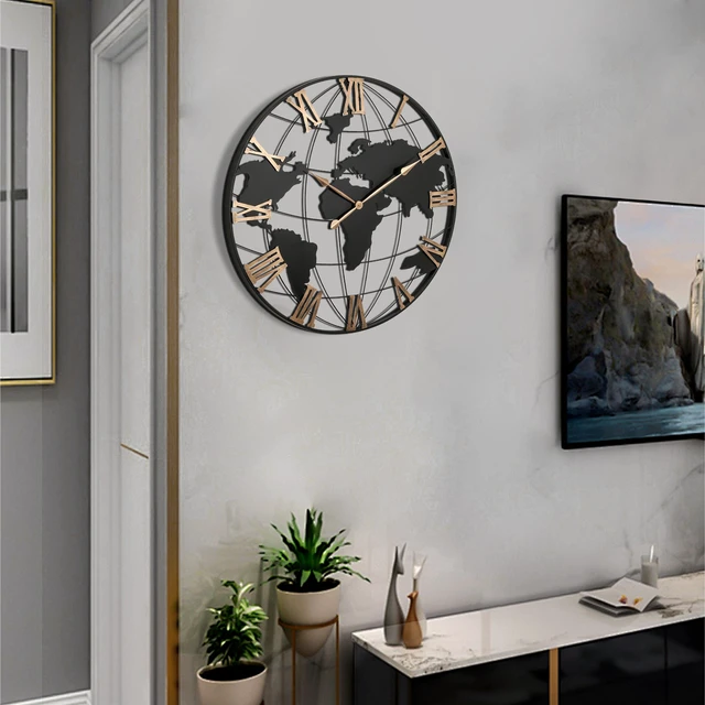 Alt view image 4 of 7 - 36 Inch Extra Giant Large Black Metal Wall Clock, Modern Silent World Map Wall Clock with Vintage Gold Roman Numeral, Decorative for Living Room, Entryway, Dinning Room, Bedroom