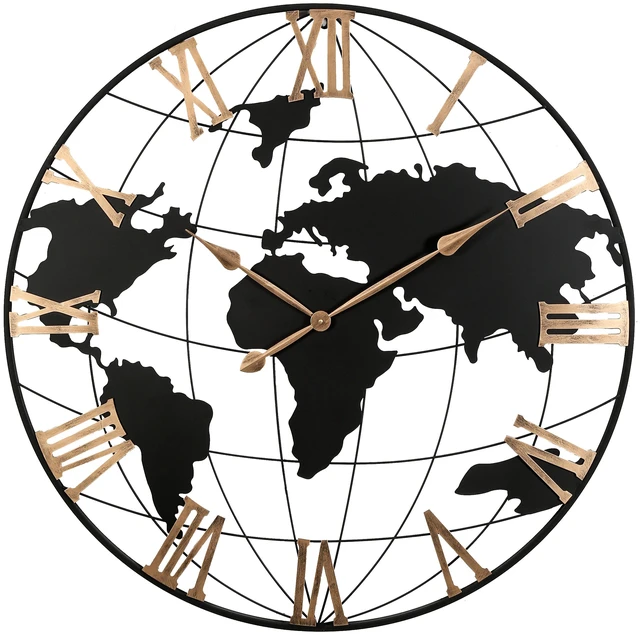 Main image of 36 Inch Extra Giant Large Black Metal Wall Clock, Modern Silent World Map Wall Clock with Vintage Gold Roman Numeral, Decorative for Living Room, Entryway, Dinning Room, Bedroom