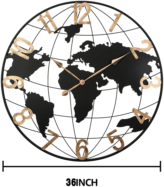 Alt view image 6 of 7 - 36 Inch Large Black Metal Wall Clock, Modern Silent World Map Wall Clock with Vintage Gold Arabic Numeral, Decorative for Living Room, Entryway, Dinning Room, Bedroom