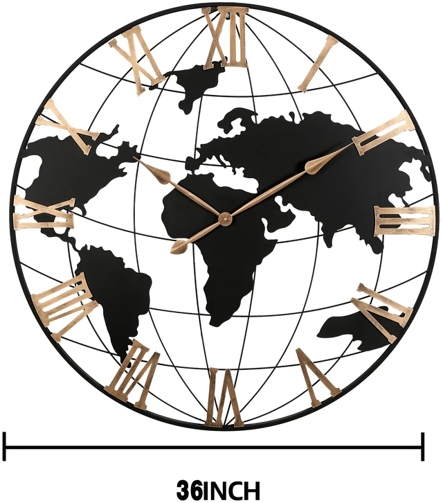 Alt view image 7 of 7 - 36 Inch Extra Giant Large Black Metal Wall Clock, Modern Silent World Map Wall Clock with Vintage Gold Roman Numeral, Decorative for Living Room, Entryway, Dinning Room, Bedroom
