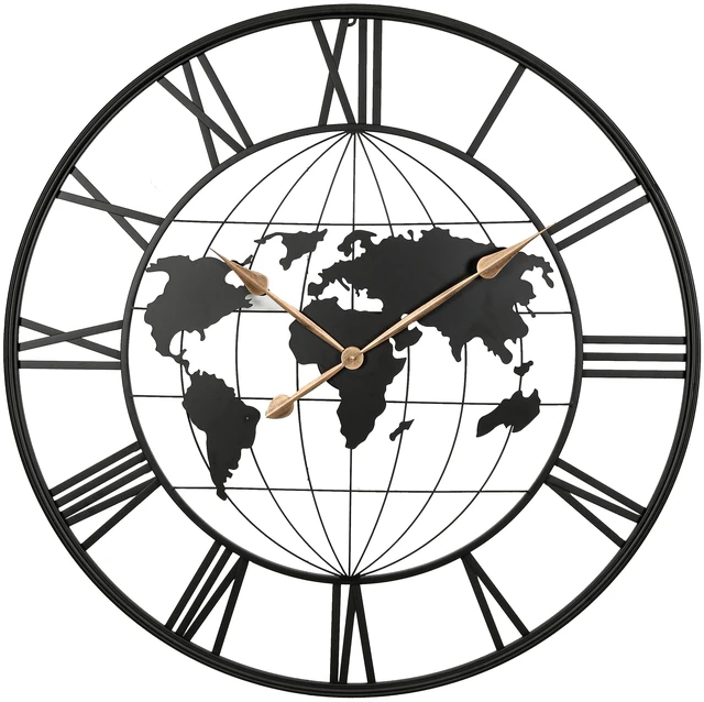 Main image of 36 Inch Large Black Metal Wall Clock, Modern Silent World Map Wall Clock with Gold Pointers, Decorative for Living Room, Entryway, Dinning Room, Bedroom