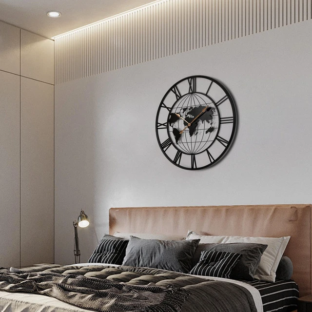 Alt view image 2 of 7 - 36 Inch Large Black Metal Wall Clock, Modern Silent World Map Wall Clock with Gold Pointers, Decorative for Living Room, Entryway, Dinning Room, Bedroom