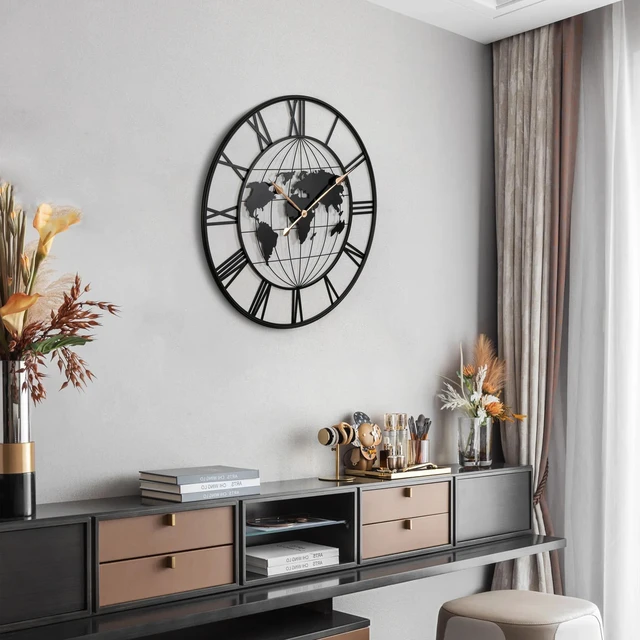Alt view image 3 of 7 - 36 Inch Large Black Metal Wall Clock, Modern Silent World Map Wall Clock with Gold Pointers, Decorative for Living Room, Entryway, Dinning Room, Bedroom