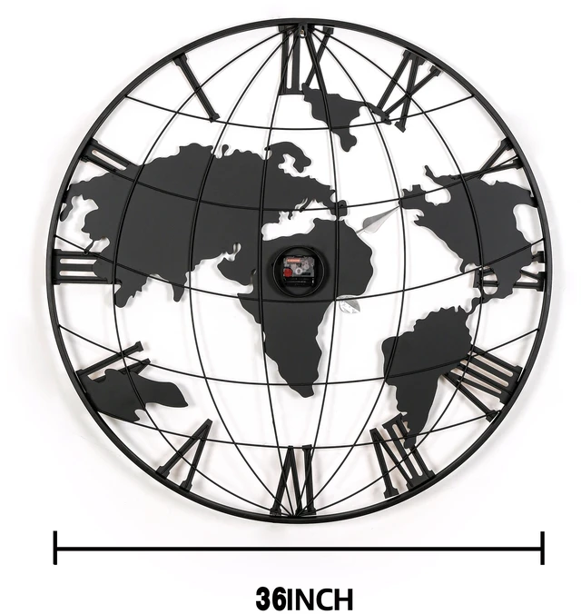 Alt view image 5 of 7 - 36 Inch Large Black Metal Wall Clock, Modern Silent World Map Wall Clock with Gold Pointers, Decorative for Living Room, Entryway, Dinning Room, Bedroom