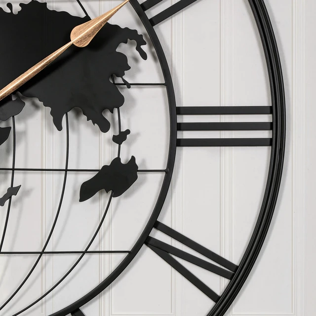 Alt view image 4 of 7 - 36 Inch Large Black Metal Wall Clock, Modern Silent World Map Wall Clock with Gold Pointers, Decorative for Living Room, Entryway, Dinning Room, Bedroom