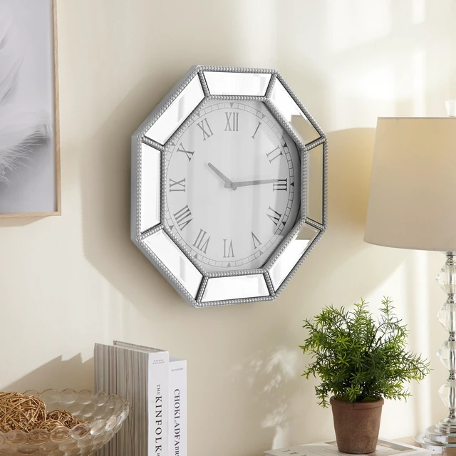 Alt view image 2 of 6 - Mirrored wall clock with silver beaded octagonal glass trim, Modern Wall Clock, Decorative silver glass mirror clock for Living Room, Bedroom & Dining Room 17.7 inch