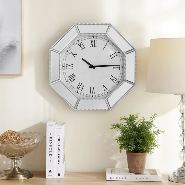 Main image of Mirrored wall clock with silver beaded octagonal glass trim, Modern Wall Clock, Decorative silver glass mirror clock for Living Room, Bedroom & Dining Room 17.7 inch