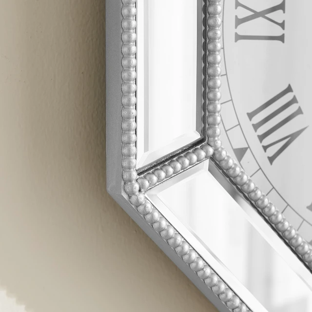 Alt view image 4 of 6 - Mirrored wall clock with silver beaded octagonal glass trim, Modern Wall Clock, Decorative silver glass mirror clock for Living Room, Bedroom & Dining Room 17.7 inch