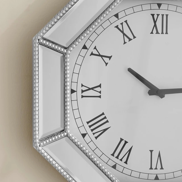 Alt view image 3 of 6 - Mirrored wall clock with silver beaded octagonal glass trim, Modern Wall Clock, Decorative silver glass mirror clock for Living Room, Bedroom & Dining Room 17.7 inch