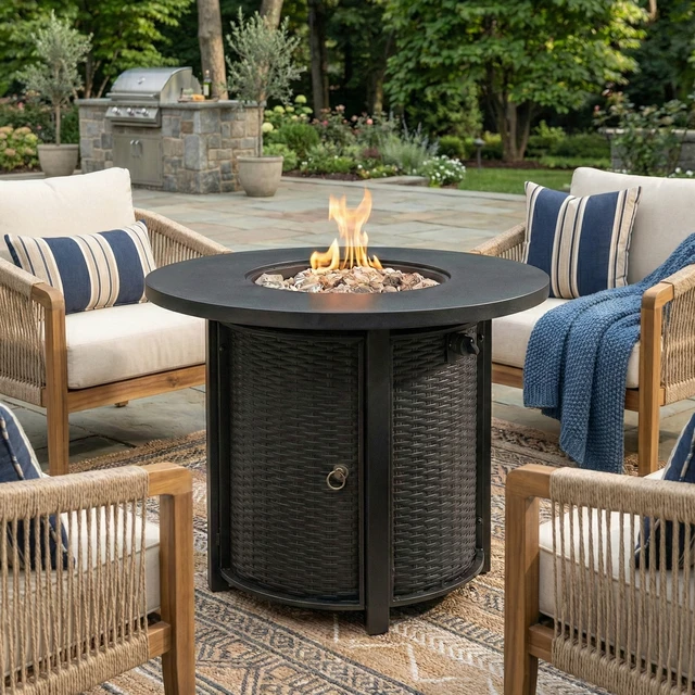 Alt view image 2 of 7 - 30" Propane Gas Fire Pit Table, 50000 BTU Round Steel Fire Pit for Outside Patio Deck Garden Courtyard-Black