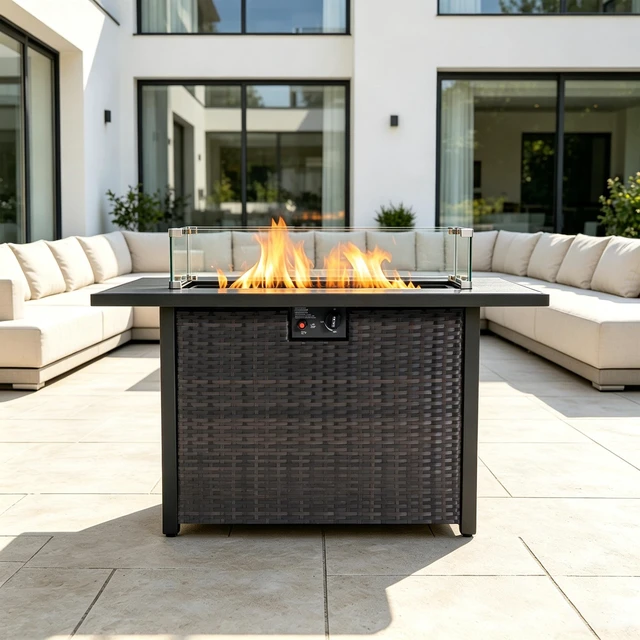 Alt view image 2 of 7 - 44-Inch Rectangular Propane Fire Pit Table, 50,000 BTU 2-in-1 Outdoor Patio Fire Pit with Tempered Glass Wind Screen, Ideal for Backyard & Garden Parties