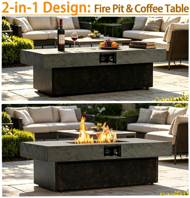 Alt view image 3 of 7 - 50000 BTU Rectangle Fire Pit Table, Smokeless Propane Outdoor Firepit Table with Convertible Coffee Table Design, Dual Height Adjustable Weather Resistant Patio Fire Furniture