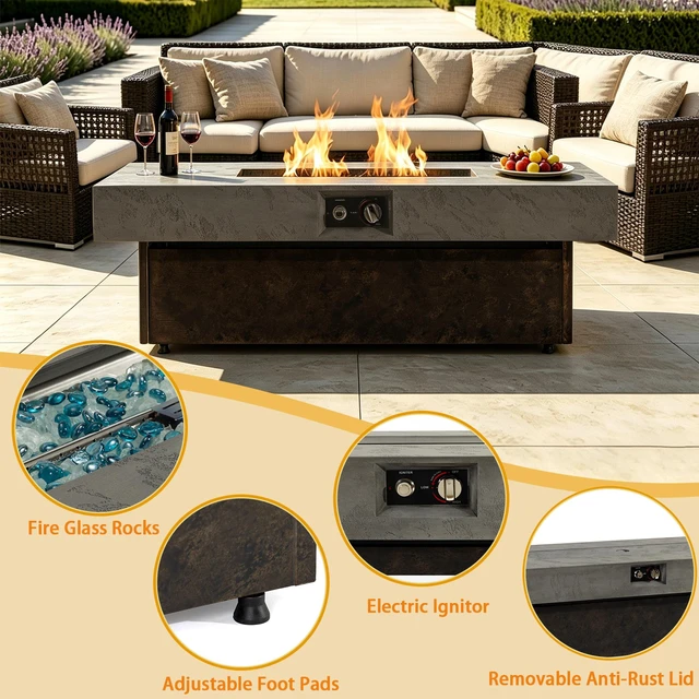 Alt view image 4 of 7 - 50000 BTU Rectangle Fire Pit Table, Smokeless Propane Outdoor Firepit Table with Convertible Coffee Table Design, Dual Height Adjustable Weather Resistant Patio Fire Furniture