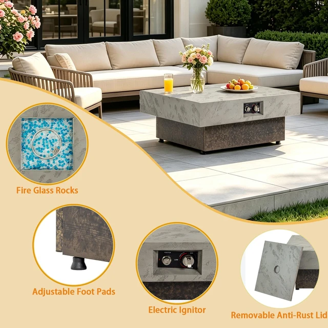 Alt view image 4 of 6 - 34Inch Square Propane Fire Pit Table, Modern 2in1 Outdoor Fire Pit Table with 3Position Adjustable Height for Patio Backyard Leisure