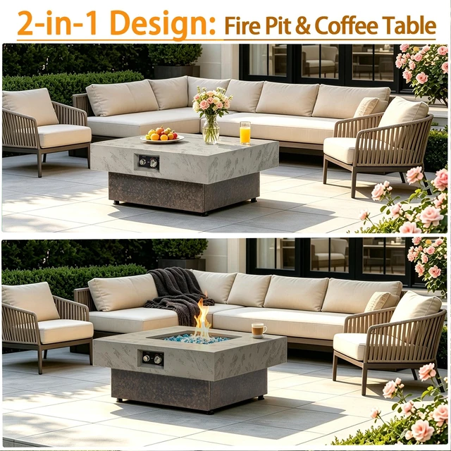 Alt view image 3 of 6 - 34Inch Square Propane Fire Pit Table, Modern 2in1 Outdoor Fire Pit Table with 3Position Adjustable Height for Patio Backyard Leisure