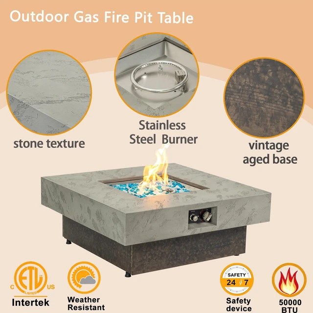 Alt view image 5 of 6 - 34Inch Square Propane Fire Pit Table, Modern 2in1 Outdoor Fire Pit Table with 3Position Adjustable Height for Patio Backyard Leisure