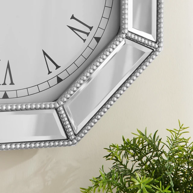 Alt view image 5 of 6 - Mirrored wall clock with silver beaded octagonal glass trim, Modern Wall Clock, Decorative silver glass mirror clock for Living Room, Bedroom & Dining Room 17.7 inch
