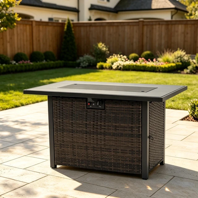 Alt view image 3 of 7 - 44-Inch Rectangular Propane Fire Pit Table, 50,000 BTU 2-in-1 Outdoor Patio Fire Pit with Tempered Glass Wind Screen, Ideal for Backyard & Garden Parties