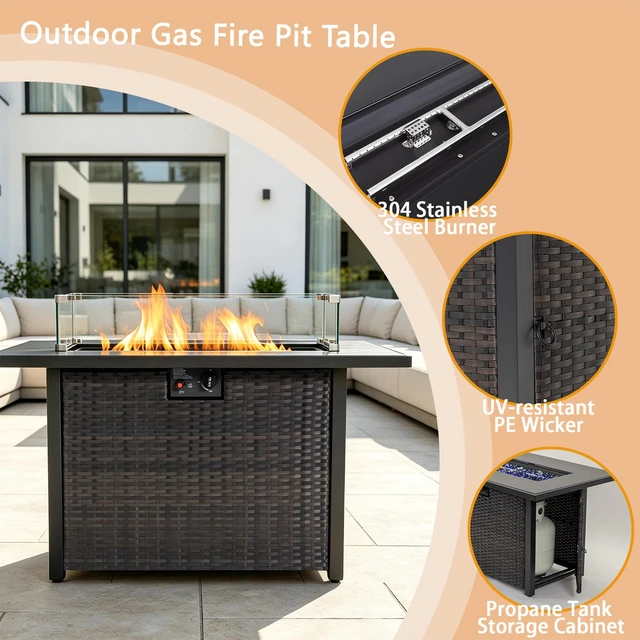 Alt view image 4 of 7 - 44-Inch Rectangular Propane Fire Pit Table, 50,000 BTU 2-in-1 Outdoor Patio Fire Pit with Tempered Glass Wind Screen, Ideal for Backyard & Garden Parties