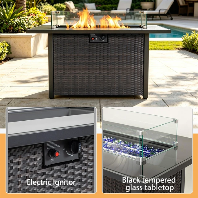 Alt view image 5 of 7 - 44-Inch Rectangular Propane Fire Pit Table, 50,000 BTU 2-in-1 Outdoor Patio Fire Pit with Tempered Glass Wind Screen, Ideal for Backyard & Garden Parties