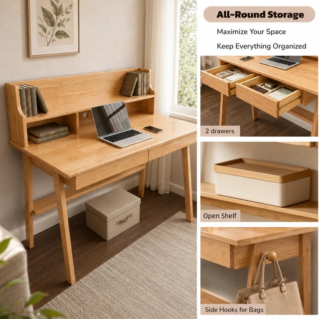 Main image of 100% Solid Wood Desk Writing Computer Desk Mid Century Modern Home Office Table with Drawer for Bedroom