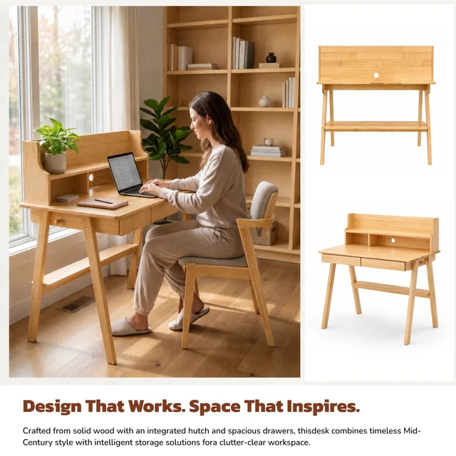 Alt view image 2 of 5 - 100% Solid Wood Desk Writing Computer Desk Mid Century Modern Home Office Table with Drawer for Bedroom
