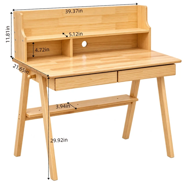Alt view image 5 of 5 - 100% Solid Wood Desk Writing Computer Desk Mid Century Modern Home Office Table with Drawer for Bedroom