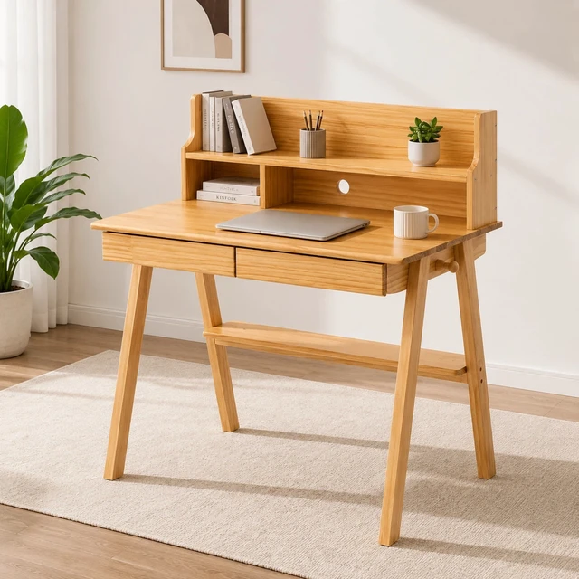 Alt view image 4 of 5 - 100% Solid Wood Desk Writing Computer Desk Mid Century Modern Home Office Table with Drawer for Bedroom