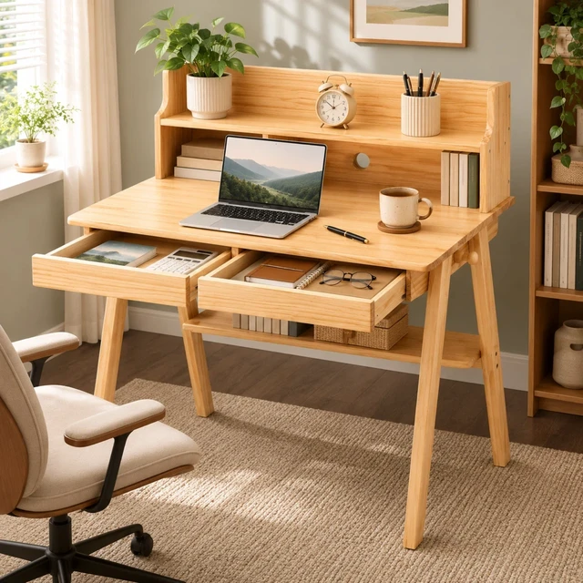 Alt view image 3 of 5 - 100% Solid Wood Desk Writing Computer Desk Mid Century Modern Home Office Table with Drawer for Bedroom