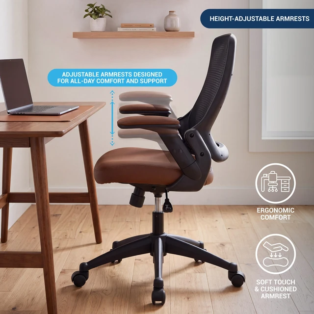 Alt view image 7 of 7 - Mid-Back Mesh Task Office Chair with Height Adjustable Arms, Brown