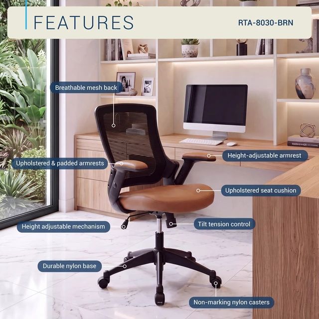 Alt view image 3 of 7 - Mid-Back Mesh Task Office Chair with Height Adjustable Arms, Brown