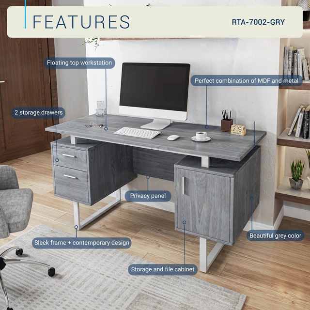Alt view image 3 of 7 - Grey Desk for Office with Drawers & Storage, 51.25" W
