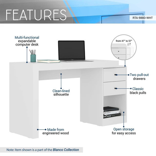 Alt view image 3 of 7 - Expandable Home Office Desk, White