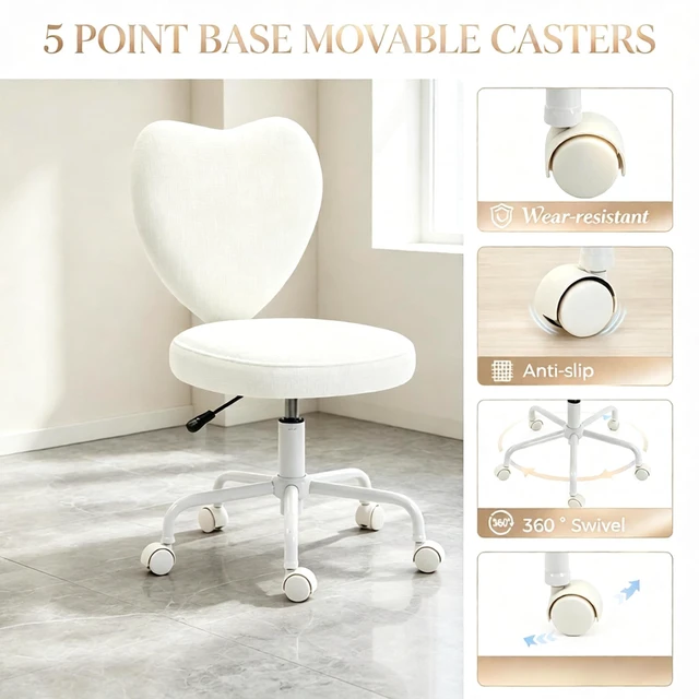 Alt view image 3 of 7 - Love Heart Shaped Back Vanity Chair, Adjustable Height 360 Swivel Rolling Office Chair with Caster Wheels
